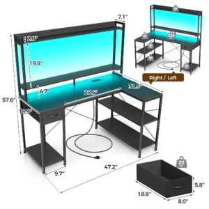 Seventable Gaming Desk with LED Light & Power Outlets, 47 inch Computer Desk with Shelves, Reversible L Shaped Desk with Monitor Stand, Corner Desk for Small Space, Black