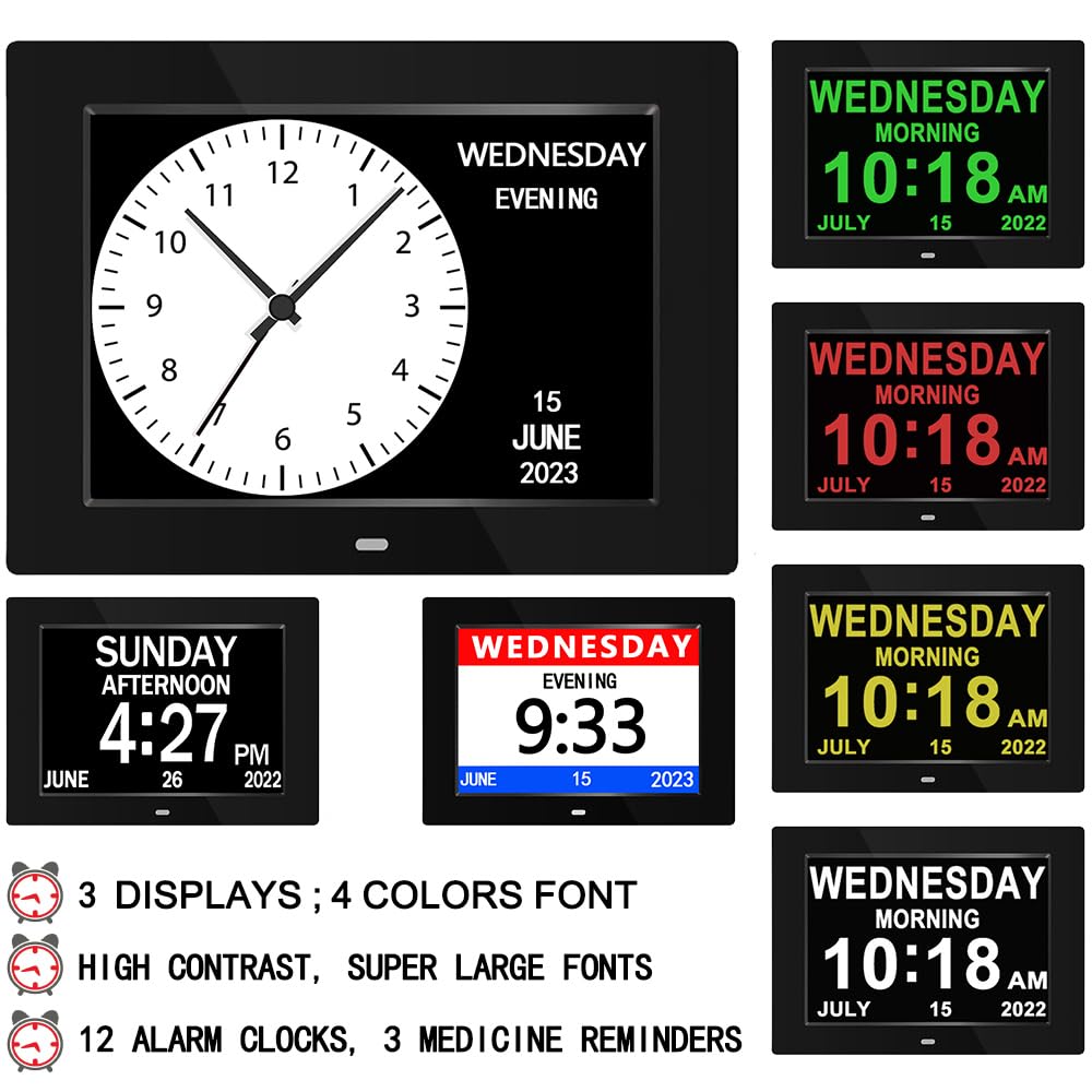FEYBYLA Alarm Clock with Day and Date for Elderly 7inch Digital Calendar Clock Photo Frame- Auto Dimmable Display 15 Alarm Options, Clock with Non-Abbreviated Day & Month