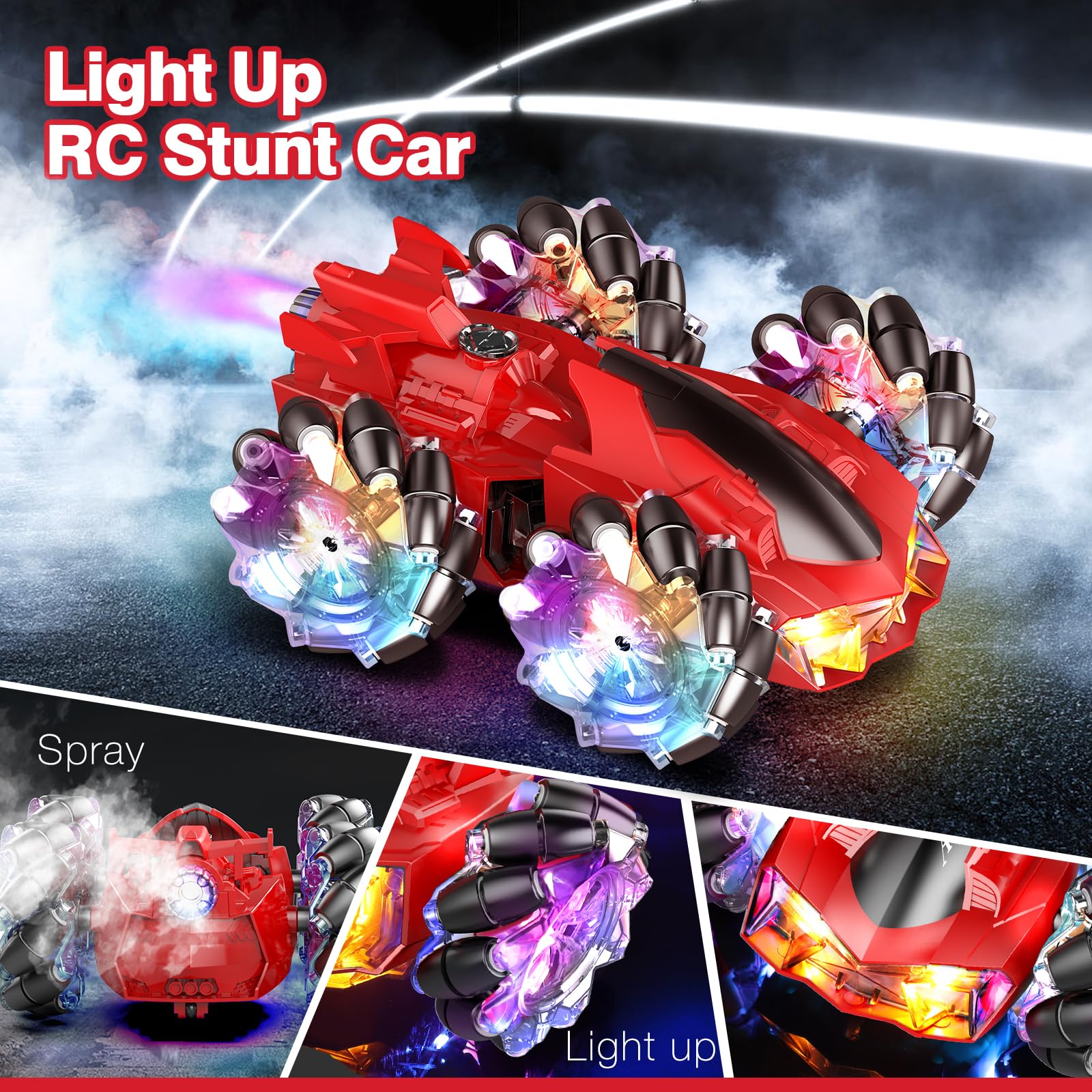 AEROQUEST 2-in-1 Remote Control Car - Light up RC Stunt Car for Kids with Spray Split Dual-Purpose Remote Control Cars for Adult 4WD RC Car with Two Rechargeable Batteries Gift for Kids