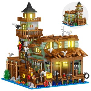 Fishing Village Store House Building Set with LED Light, 1881 PCS Wood Cabin Mini Building Block, STEM Architecture Toys Kit, Birthday Gift for Adults Ages 8-12+ Years（Not Compatible with Set ）