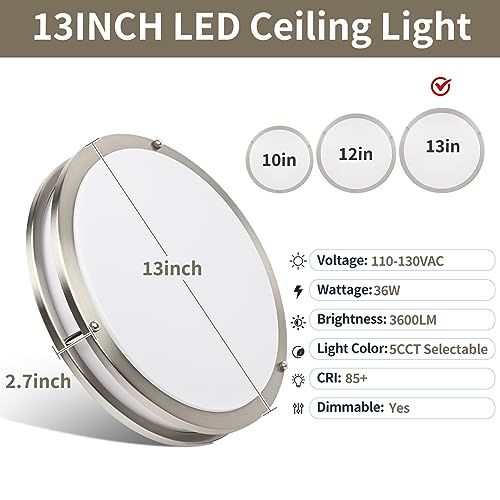 13Inch 36W Ceiling Light Fixtures 2 Packs, 5CCT LED Flush Mount Ceiling Mount Lights 2700K 3000K 4000K 5000K 6500K, Dimmable Close to Ceiling Lighting for Bathroom Kitchen Stairwell Bedroom, Nickel