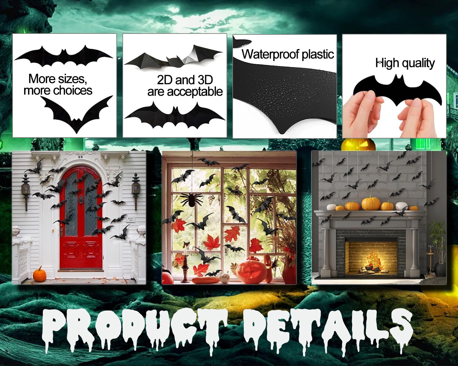 111 PCS Halloween Bats Decorations Indoor Outdoor Wall Stickers | 8 Different Sizes 3D Wall Decals Halloween Spooky Home Goth Emo Room Party Decor