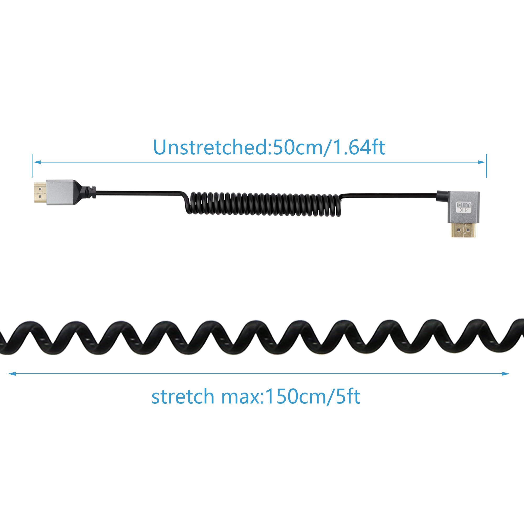 RIIEYOCA 90 Degree Left Angle UHD 4K HDMI Male to HDMI Male 18Gbps High Speed 2.0 Extender Coiled Cable Supports 4K@60Hz,1080p,ARC,3D,for DVRs,HDTV,Roku Ultra Stretchable to 1.5M/5FT