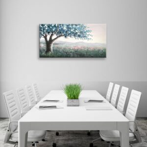 GUMEYJIA Blue Tree Wall Art Hand-Painted Tree Oil Painting on Canvas Gallery Wrapped Large Framed Big Tree landscape Artwork Suitable for Living Room Bedroom Office Decor 20x40 Inch X1 Piece