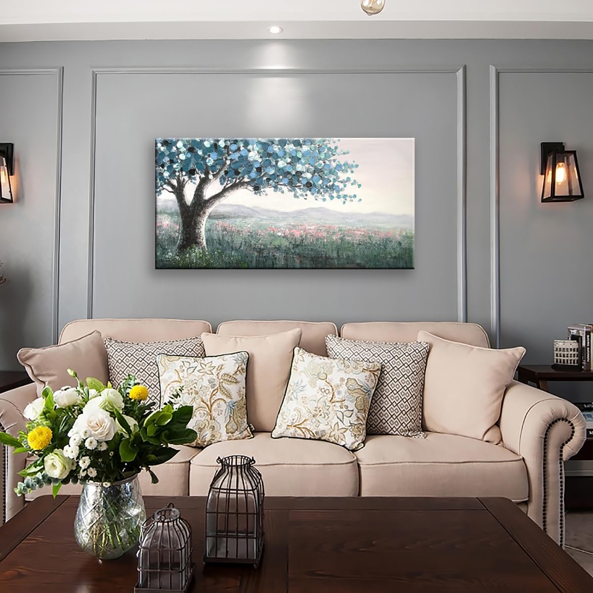 GUMEYJIA Blue Tree Wall Art Hand-Painted Tree Oil Painting on Canvas Gallery Wrapped Large Framed Big Tree landscape Artwork Suitable for Living Room Bedroom Office Decor 20x40 Inch X1 Piece