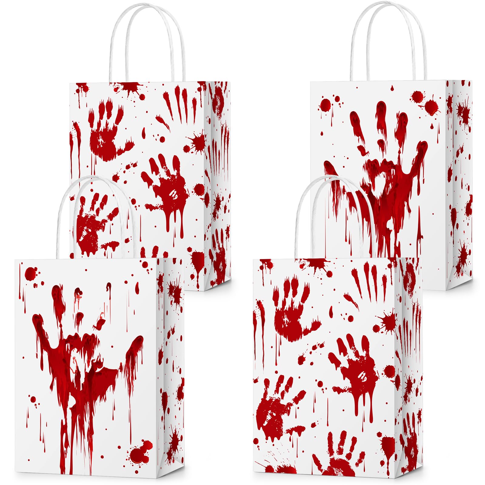 24 Pcs Halloween Treat Bags Halloween Paper Gift Bags with Handles Trick or Treat Candy Bags Goodie Bags for Holiday Treats Snacks Kids Halloween Party Favors Supplies (Bloody Handprint)