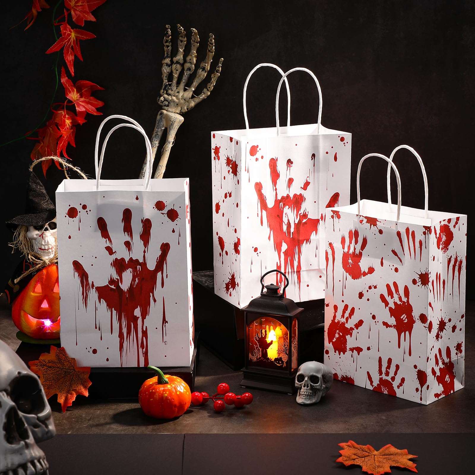 24 Pcs Halloween Treat Bags Halloween Paper Gift Bags with Handles Trick or Treat Candy Bags Goodie Bags for Holiday Treats Snacks Kids Halloween Party Favors Supplies (Bloody Handprint)