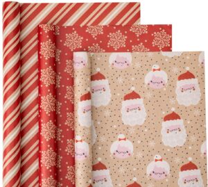 wrapaholic kraft christmas wrapping paper roll - mini roll - 3 rolls - 17 inch x 120 inch per roll - red and white santa claus, snowflake holiday collection with faint fragrance