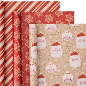 WRAPAHOLIC Kraft Christmas Wrapping Paper Roll - Mini Roll - 3 Rolls - 17 Inch X 120 Inch Per Roll - Red and White Santa Claus, Snowflake Holiday Collection with Faint Fragrance