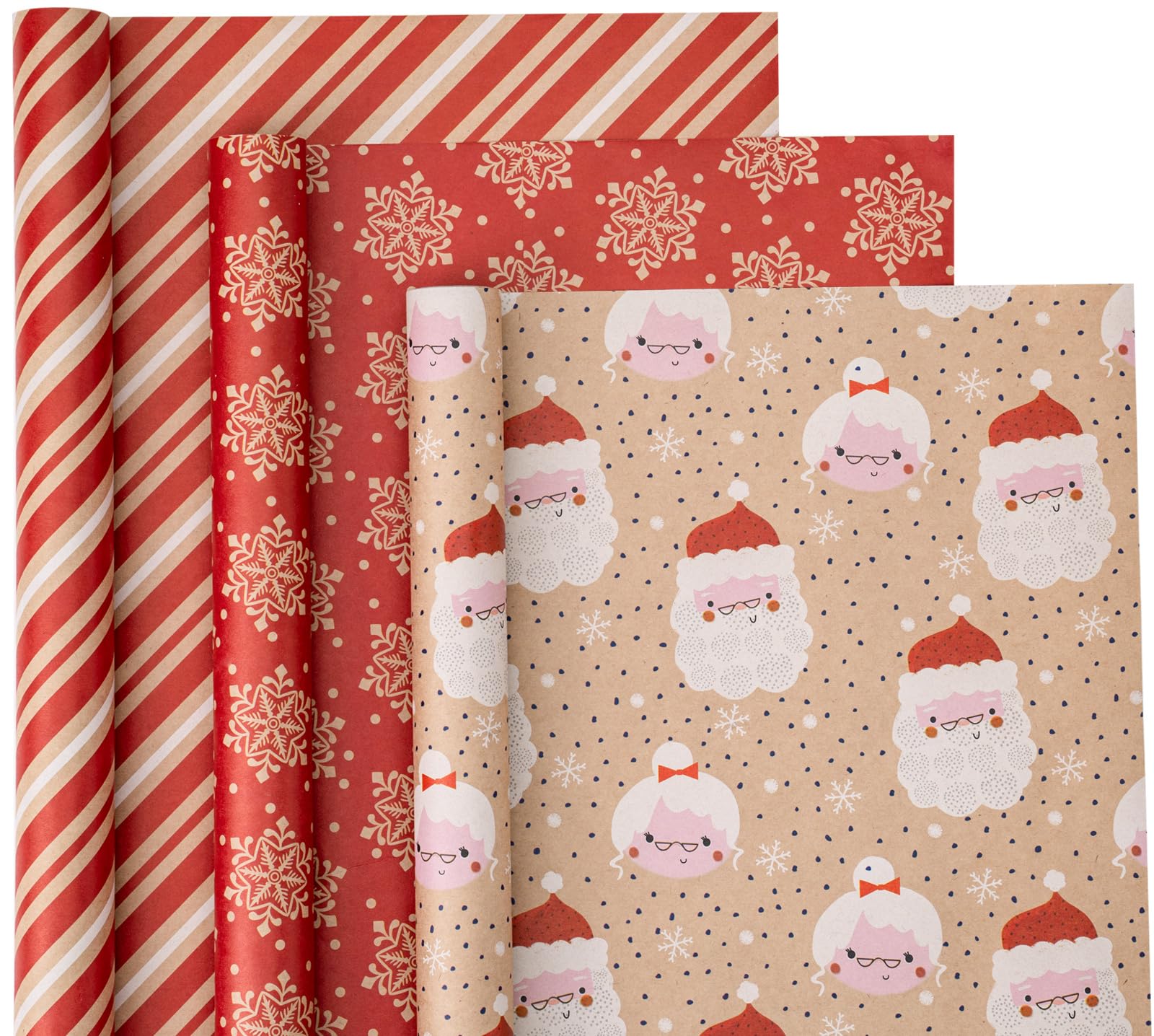 WRAPAHOLIC Kraft Christmas Wrapping Paper Roll - Mini Roll - 3 Rolls - 17 Inch X 120 Inch Per Roll - Red and White Santa Claus, Snowflake Holiday Collection with Faint Fragrance