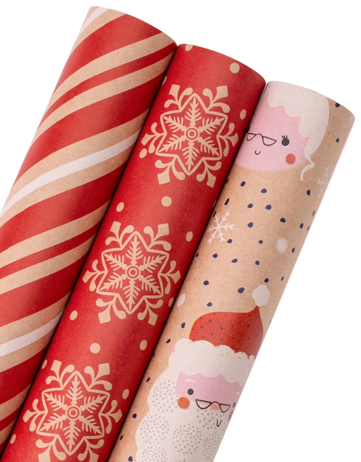 WRAPAHOLIC Kraft Christmas Wrapping Paper Roll - Mini Roll - 3 Rolls - 17 Inch X 120 Inch Per Roll - Red and White Santa Claus, Snowflake Holiday Collection with Faint Fragrance