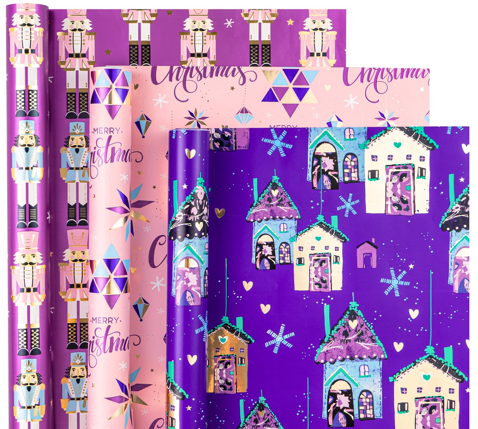 WRAPAHOLIC Christmas Wrapping Paper Roll - Mini Roll - 3 Rolls - 17 Inch X 120 Inch Per Roll - Pink and Purple Nutcracker, House Holiday Collection with Metallic Foil Shine