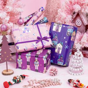 WRAPAHOLIC Christmas Wrapping Paper Roll - Mini Roll - 3 Rolls - 17 Inch X 120 Inch Per Roll - Pink and Purple Nutcracker, House Holiday Collection with Metallic Foil Shine