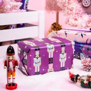 WRAPAHOLIC Christmas Wrapping Paper Roll - Mini Roll - 3 Rolls - 17 Inch X 120 Inch Per Roll - Pink and Purple Nutcracker, House Holiday Collection with Metallic Foil Shine