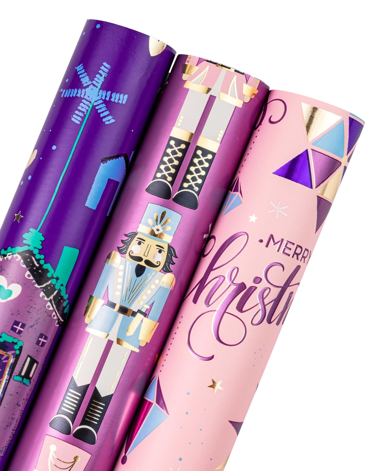 WRAPAHOLIC Christmas Wrapping Paper Roll - Mini Roll - 3 Rolls - 17 Inch X 120 Inch Per Roll - Pink and Purple Nutcracker, House Holiday Collection with Metallic Foil Shine