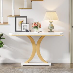 Tribesigns Modern Gold Console Table, 40 inch Narrow Entryway Foyer Table with Geometric Base, Rustic Hallway Accent Table for Living Room, Entrance, White and Gold