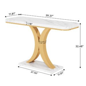 Tribesigns Modern Gold Console Table, 40 inch Narrow Entryway Foyer Table with Geometric Base, Rustic Hallway Accent Table for Living Room, Entrance, White and Gold