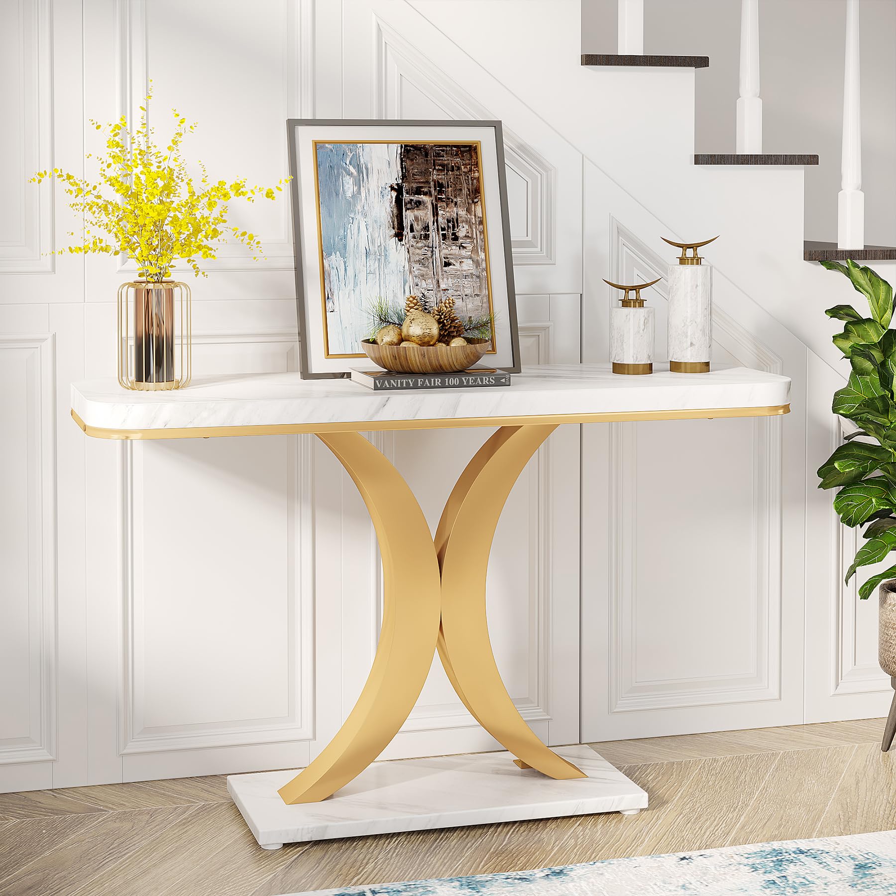 Tribesigns Modern Gold Console Table, 40 inch Narrow Entryway Foyer Table with Geometric Base, Rustic Hallway Accent Table for Living Room, Entrance, White and Gold