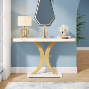 Tribesigns Modern Gold Console Table, 40 inch Narrow Entryway Foyer Table with Geometric Base, Rustic Hallway Accent Table for Living Room, Entrance, White and Gold