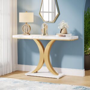 Tribesigns Modern Gold Console Table, 40 inch Narrow Entryway Foyer Table with Geometric Base, Rustic Hallway Accent Table for Living Room, Entrance, White and Gold