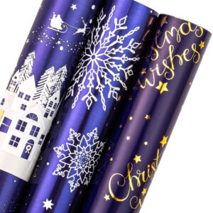 WRAPAHOLIC Christmas Wrapping Paper Roll - Mini Roll - 3 Rolls - 17 Inch x 120 Inch Per Roll - Dark Blue House, Reindeer, Snowflake Holiday Collection with Metallic Foil Shine