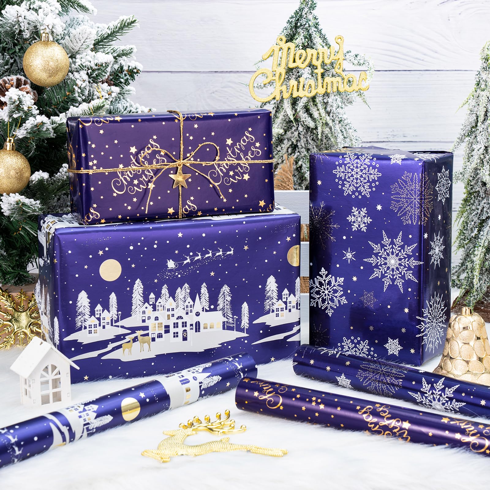 WRAPAHOLIC Christmas Wrapping Paper Roll - Mini Roll - 3 Rolls - 17 Inch x 120 Inch Per Roll - Dark Blue House, Reindeer, Snowflake Holiday Collection with Metallic Foil Shine