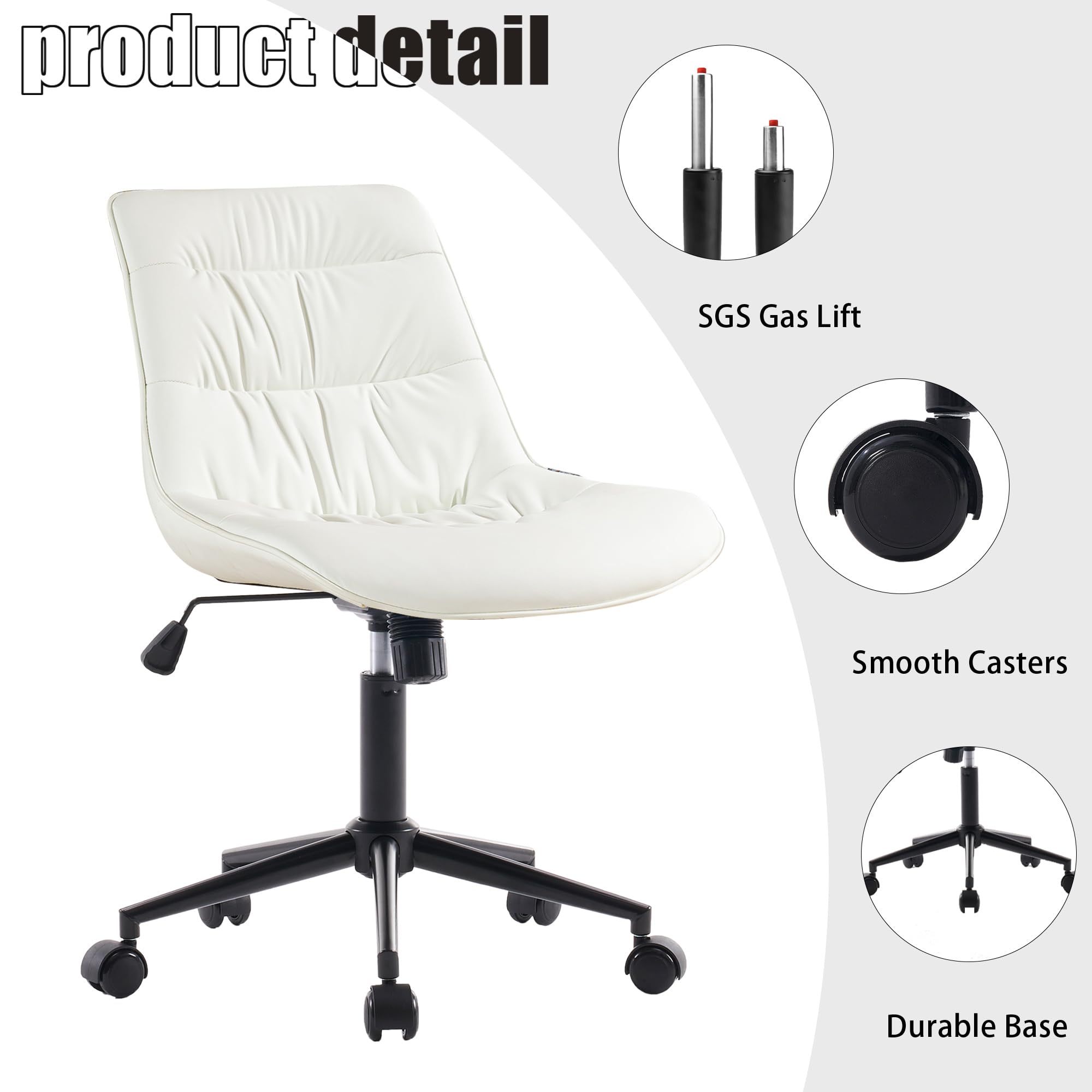 Kidol & Shellder Armless Office Chair Desk Chair Comfy Ergonomic Swivel Chair Home Office Desk Chairs with Wheels Rolling Task Computer Chair Makeup Vanity Chair with Back for Bedroom(White)