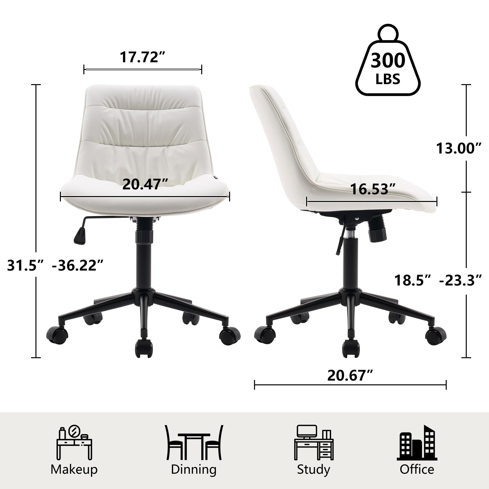 Kidol & Shellder Armless Office Chair Desk Chair Comfy Ergonomic Swivel Chair Home Office Desk Chairs with Wheels Rolling Task Computer Chair Makeup Vanity Chair with Back for Bedroom(White)