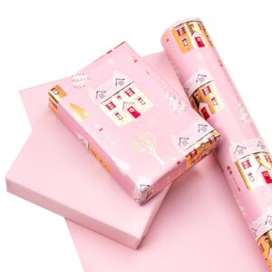 WRAPAHOLIC Reversible Christmas Wrapping Paper - 30 Inch X 100 Feet Jumbo Roll Pink House with Christmas Tree and Polka Dots Design with Metallic Foil Shine