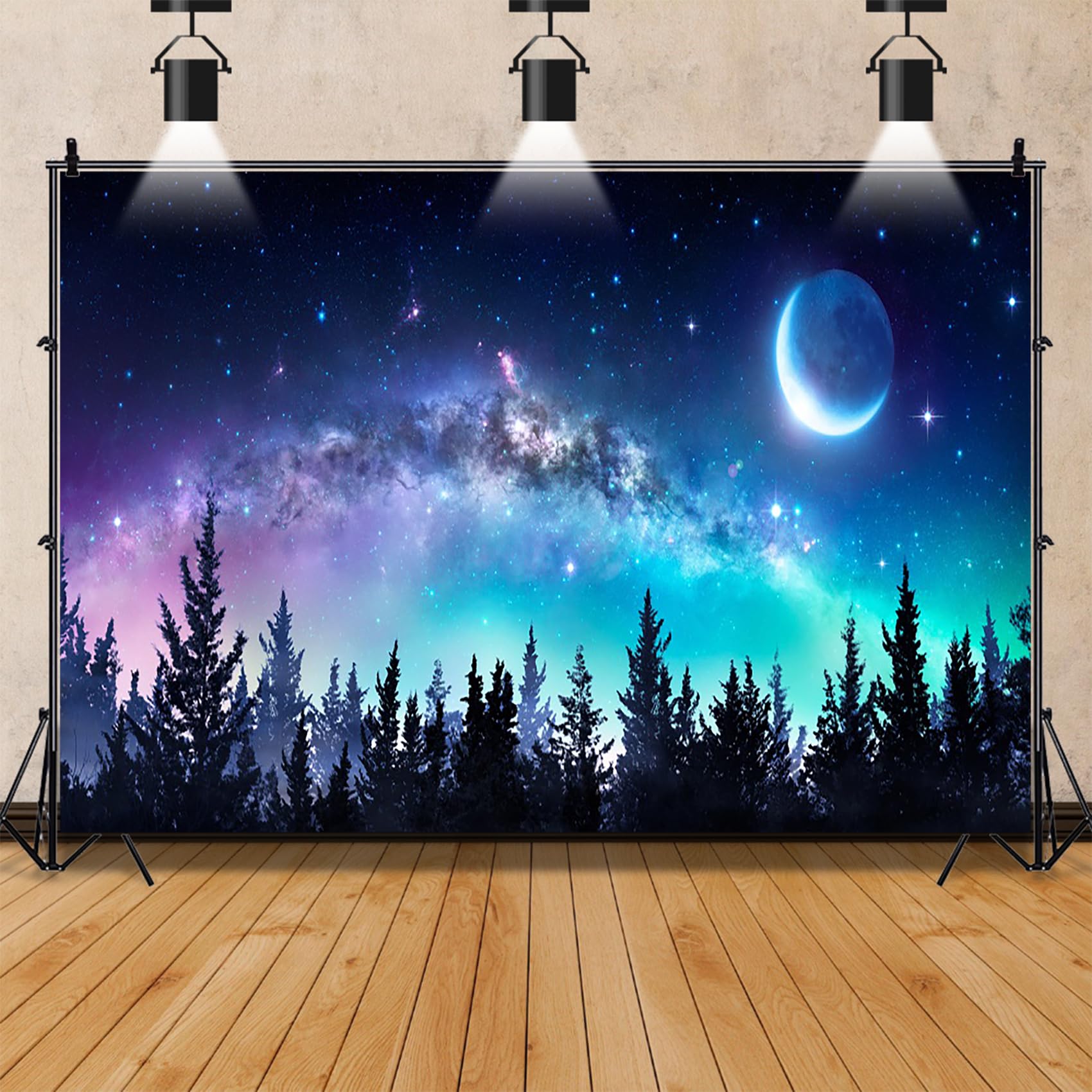 AOFOTO 10x7ft Starry Night Forest Backdrop Beautiful Universe Galaxy Stars and Moon Nature Summer Sky Nebula Nightscape Milky Way Background Photo Studio Props Vinyl Parties Events Poster Banner