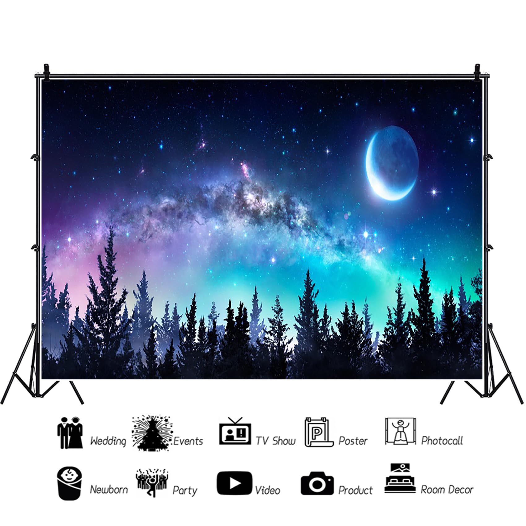 AOFOTO 10x7ft Starry Night Forest Backdrop Beautiful Universe Galaxy Stars and Moon Nature Summer Sky Nebula Nightscape Milky Way Background Photo Studio Props Vinyl Parties Events Poster Banner