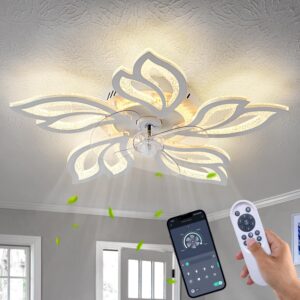 haodengshi 25" Modern Ceiling Fan with Lights and Remote Control, White Geometric Ceiling Fan with Lights, 3 Light Color 6 Speeds Flush Mount Low Profile Ceiling Fan for Bedroom Kitchen