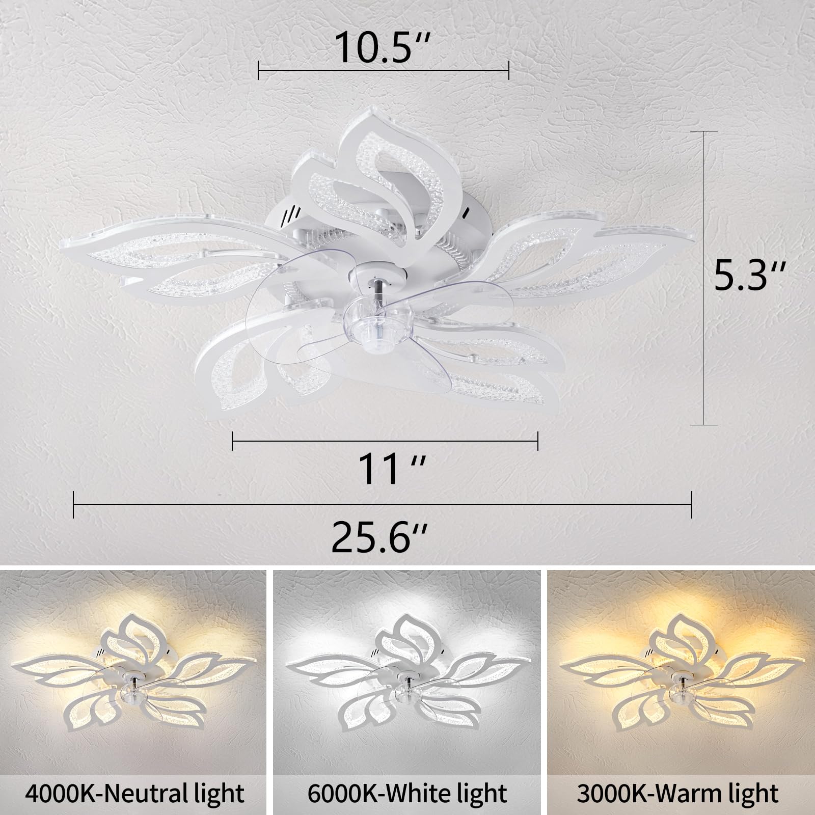 haodengshi 25" Modern Ceiling Fan with Lights and Remote Control, White Geometric Ceiling Fan with Lights, 3 Light Color 6 Speeds Flush Mount Low Profile Ceiling Fan for Bedroom Kitchen