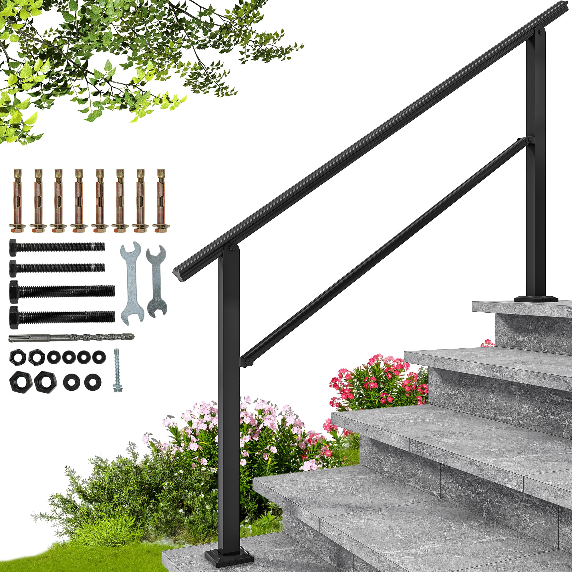 YITAHOME Handrails for Outdoor Steps, 5-6 Step Stair Railing Outdoor 63.4" Length Black, Porch Wrought Iron Railing Adjustable Angle Safety Handrails for Balconies, Parks, Residential Steps (1 Pack)