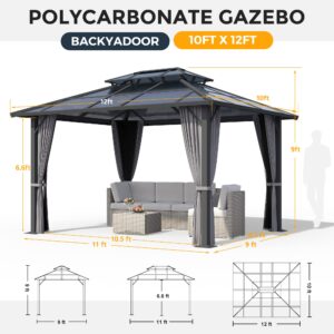 BACKYADOOR 10'x 12' Hardtop Gazebo, Outdoor Gazebo with Aluminum Frame, Double Roof Polycarbonate Gazebo with Netting and Curtains for Patio, Deck, Backyard （Gray）