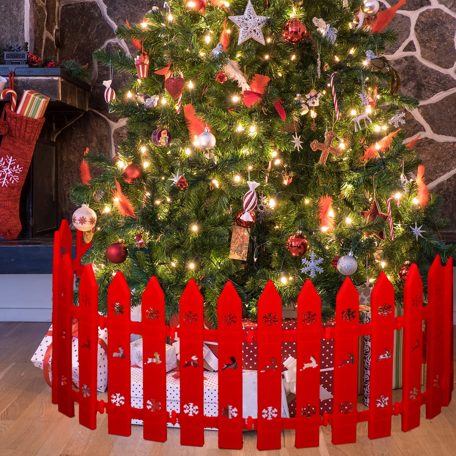 30 Pieces Christmas Tree Fences Thick Plastic Picket Fence Christmas Tree Fences Mini Fence Decoration for Home Garden Christmas Wedding Party, 12 Inches (Red)