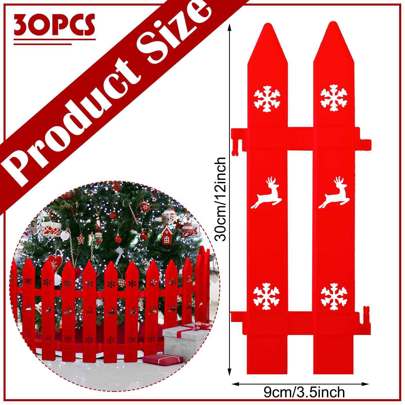 30 Pieces Christmas Tree Fences Thick Plastic Picket Fence Christmas Tree Fences Mini Fence Decoration for Home Garden Christmas Wedding Party, 12 Inches (Red)