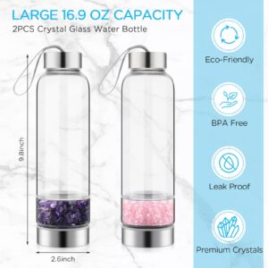 meekoo 2 Pieces Crystal Glass Water Bottle Clear Water Bottle with Gemstone Center Natural Amethyst and Rose Quartz Water Bottle Quartz Crystal Cup Energy Cup for Healing and Wellness (Small Stone)