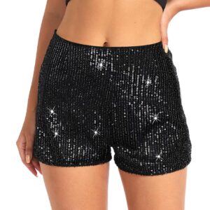 Sequin Shorts for Women High Waist Elastic Sparkly Straight Leg Short Glitter Sparkle Hot Pants Solid Party Black S