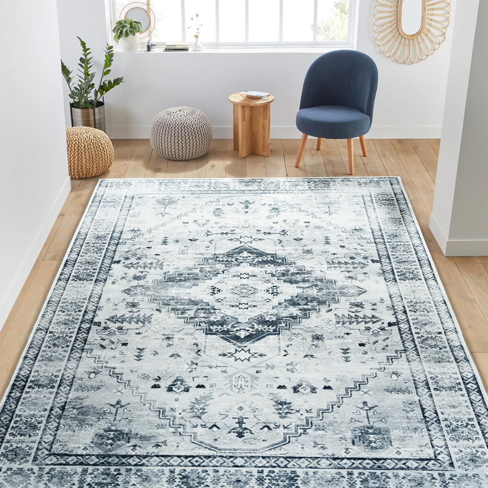 BESTSWEETIE Area Rug 8x10 Rugs for Living Room 8 x 10 Washable Rugs Non Slip Vintage Boho Living Room Rugs for Bedroom Dining Room, Distressed Pattern Carpet, Gray Black