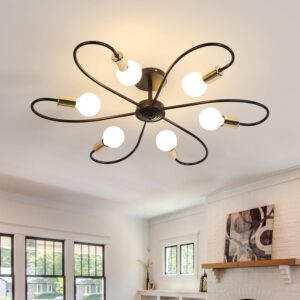 delipop sputnik light fixture, 6-light black and gold ceiling light fixture, mid century modern chandelier, metal semi flush mount ceiling light for bedroom, kitchen, living room, dining room