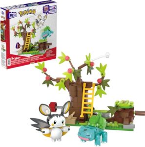 mega pokémon building toys set emolga and bulbasaur’s charming woods with 194 pieces, 2 poseable characters and motion, for kids