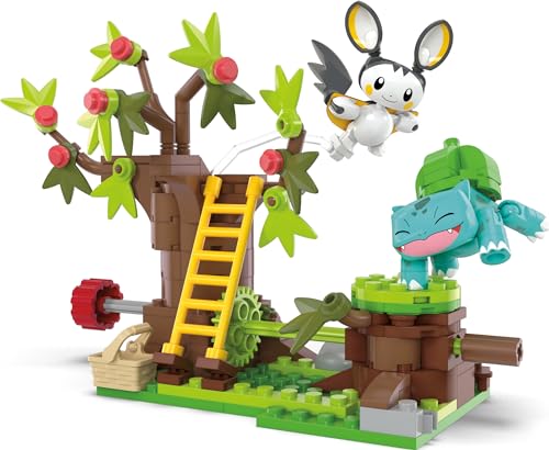 Mega Pokémon Building Toys Set Emolga and Bulbasaur’s Charming Woods with 194 Pieces, 2 Poseable Characters and Motion, for Kids