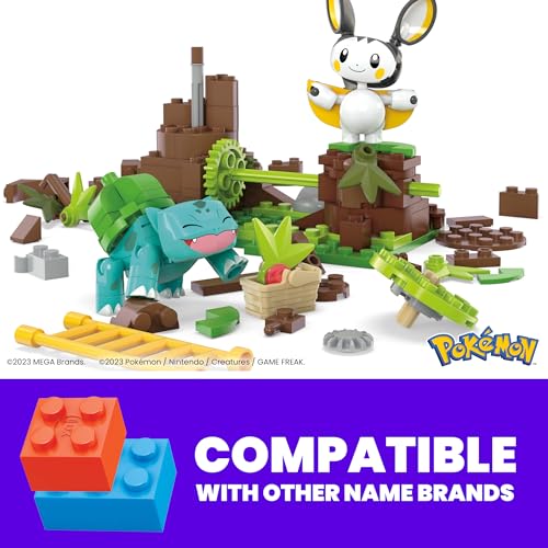 Mega Pokémon Building Toys Set Emolga and Bulbasaur’s Charming Woods with 194 Pieces, 2 Poseable Characters and Motion, for Kids