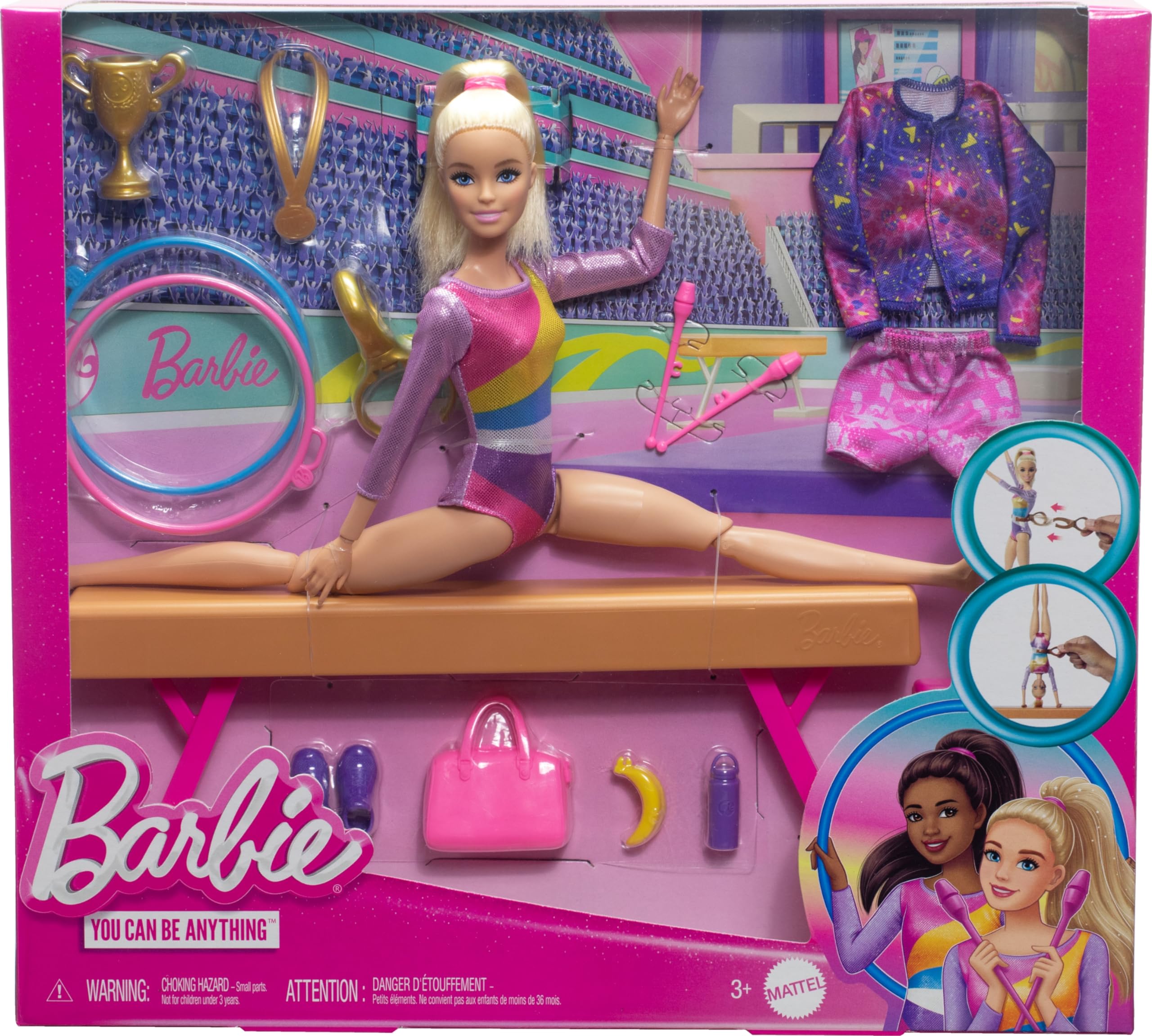 Barbie Careers Playset, Gymnastics Set with Blonde Gymnast Fashion Doll, C-Clip for Flipping Action, Balance Beam, Warm-Up Suit & Accessories