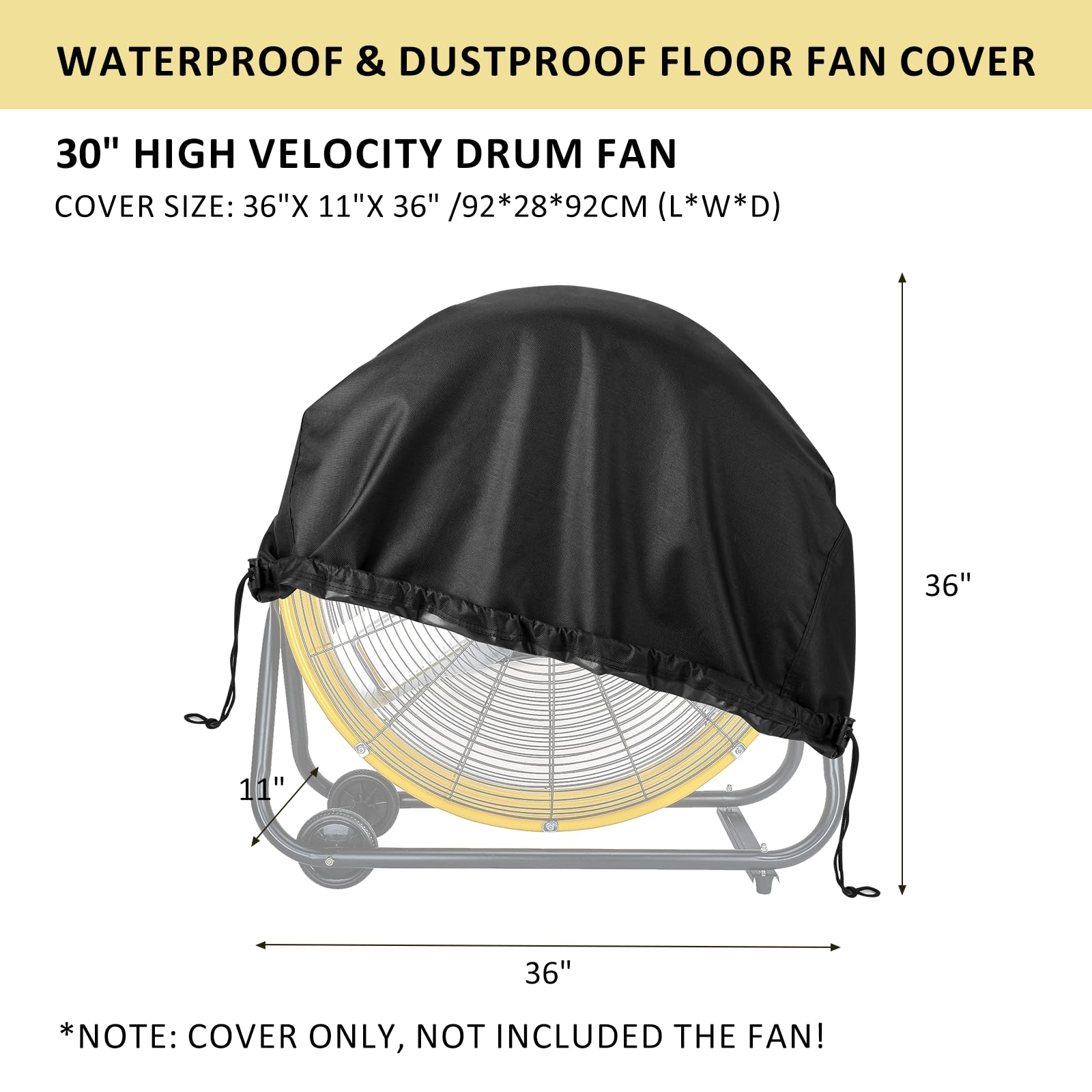 KINPEE Industrial Fan Cover, Waterproof & Dustproof Cover for 30" High Velocity Movement Heavy Duty Drum Fan, Heavy Duty Outdoor Floor Fan Cover, 600D Oxford Fabric, Fits up to 36x11x36 inches(Black)