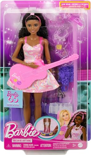 Barbie 65th Anniversary Doll & 10 Accessories, Pop Star Set with Brunette Singer Doll, Toy Stage with Moving Feature & More