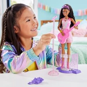 Barbie 65th Anniversary Doll & 10 Accessories, Pop Star Set with Brunette Singer Doll, Toy Stage with Moving Feature & More