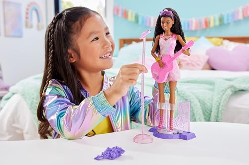 Barbie 65th Anniversary Doll & 10 Accessories, Pop Star Set with Brunette Singer Doll, Toy Stage with Moving Feature & More