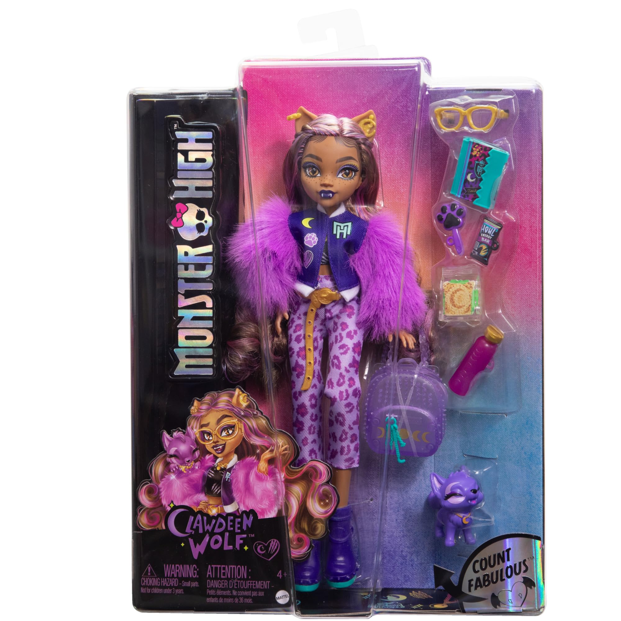 Monster High Clawdeen Wolf Doll with Pet Dog Crescent & Accessories like Backpack, Planner, Snacks & More